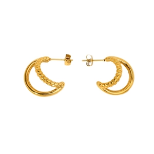 Double layered gold C-shape hoop earrings with smooth and twisted texture detail