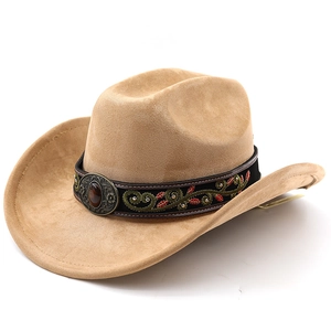 Vintage camel suede western cowboy hat with ethnic embroidery and red gemstone buckle