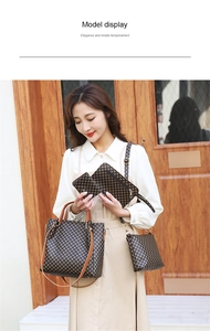 Four-piece brown checkerboard bag set including tote and crossbody bag on model