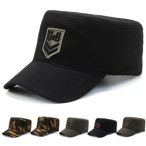 Mens Cadet Cap Military Style Flat Top Hat Adjustable Cotton Canvas Outdoor Sunshade Tactical Camouflage Solid Embroidery