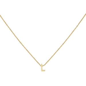 Detailed close-up of 18K gold letter L pendant on a delicate O-chain necklace