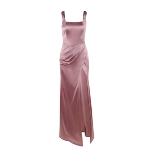 Elegant sleeveless square neck satin maxi dress with side slit and waist pleats in mauve