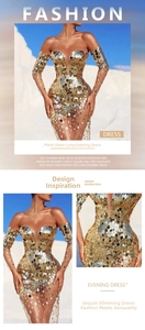 Macro detail of luxurious gold sequins and sheer mesh fabric on an off-shoulder gown