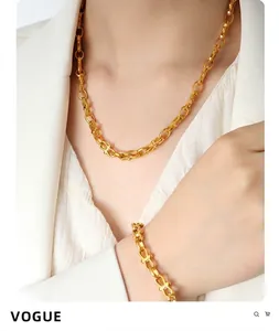 Detail shot of a gold-plated link chain jewelry set worn with a white blazer