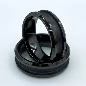 Brushed black tungsten steel blank ring with grooved design for jewelry making