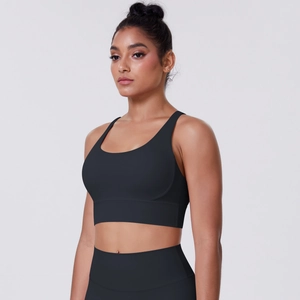 Close-up of black sports bra featuring U-neckline and wide supportive shoulder straps