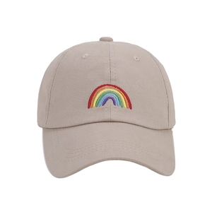 Light brown cotton baseball cap with rainbow embroidery for outdoor sun protection