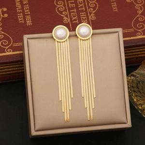 Elegant gold long tassel pearl earrings with cat eye drop and snake chain fringes