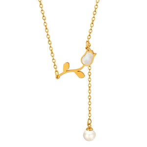 Elegant 18K gold plated tulip necklace with white shell pendant and pearl tassel detail