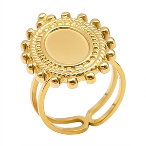 Detailed macro view of a golden stainless steel ring featuring a sunburst textured design