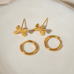 Minimalist 18k gold stainless steel bow stud earrings and polished hoop earrings set