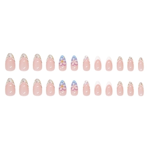 French style almond press-on nails set with purple flower patterns and gold beads detail