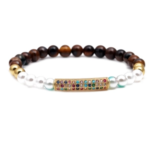 Tiger eye and pearl beaded bracelet with a colorful zircon curved tube in gold plating
