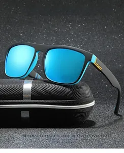 Close-up of polarized sports sunglasses with blue mirror lenses and a textured zip case