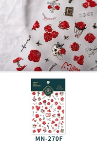 Macro detail of 3D embossed gothic nail stickers featuring roses and skull motifs