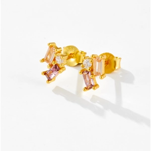 S925 sterling silver stud earrings featuring pink zircon stones on a gold base