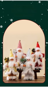 Detailed view of four colorful 9-inch Santa figurines with sequins and long hats