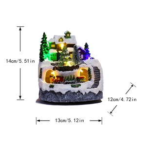 Detailed dimensions of LED Christmas house with snowy trees and rotating train, 14x13x12cm