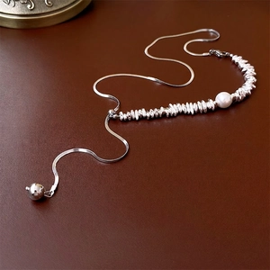 Alloy Y-Shape Necklace With Faux Artificial Pearl And Irregular Metallic Beads Snake Chain Adjustable Tassel For Women