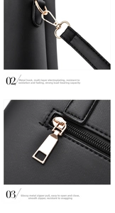 Detail of light gold hardware hooks and smooth metal zipper on black leather handbag