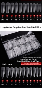 Size chart for ultra-thin long almond nail tips showing dimensions for various sizes
