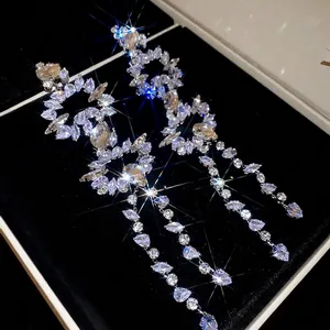 Silver-plated zircon tassel earrings with irregular waterdrop crystal fringe design