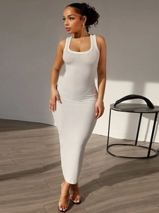 Elegant white ribbed sleeveless maxi dress with rhinestone square neckline in a slim fit