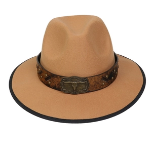 Classic camel wide brim felt cowboy hat with vintage metal bull head and rivet band details