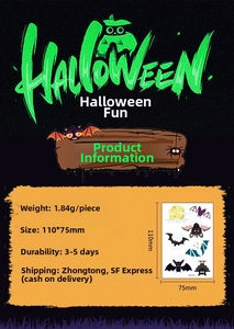 Glow in the dark Halloween bat tattoo sticker with 110x75mm dimensions and 3-5 day durability