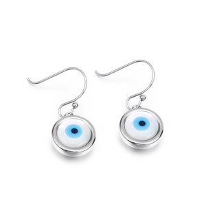 Fashionable stainless steel evil eye drop earrings with blue circular glass pendants