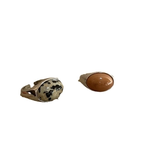 Minimalist silver open rings with oval dalmatian jasper and brown gemstone accents