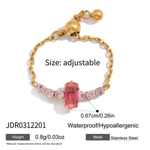 Detail view of adjustable gold stainless steel ring with pink zircon and sliding bead