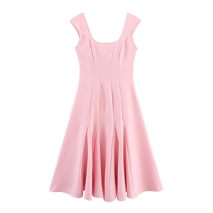 Pink Sleeveless Maxi Dress Tweed Polyester Square Neck Lace Up Back Slim Fit French Sweet Elegant Style For Women