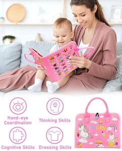 Pink unicorn felt busy board for kids teaching motor skills and hand-eye coordination
