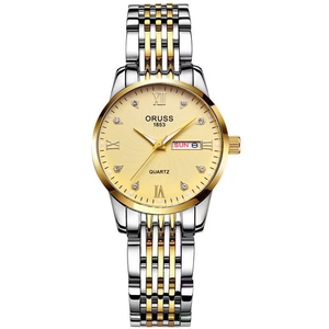 Luminous waterproof quartz watch for women with diamond indices and day-date display