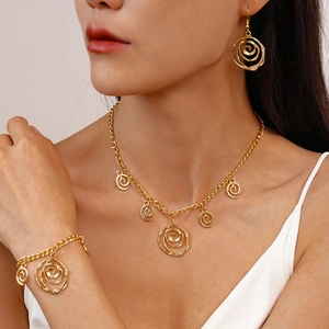Chic Alloy Metallic Hollow Swirl Rose Flower Jewelry Set Unique Minimalist Necklace Bracelet Earrings For Women