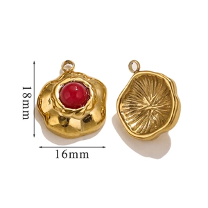 Detail of vintage flower pendant in gold and red with size measurements of 18mm and 16mm