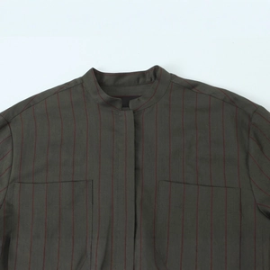 Deep olive green vertical striped long sleeve shirt with stand collar and dual chest pockets