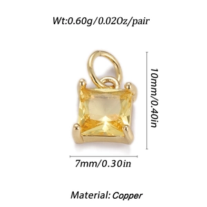 Detail of 10mm copper gold pendant with a square yellow zircon including product dimensions