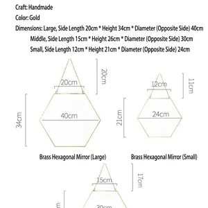 Minimalist gold brass hexagonal wall mirror available in large, medium and small sizes