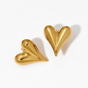 Polished golden hollow heart earrings in minimalist 3D stainless steel style