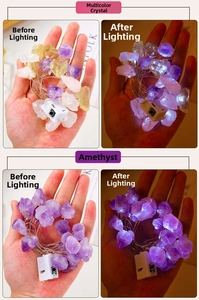 Detail of amethyst and multicolor crystal string lights in lit and unlit states