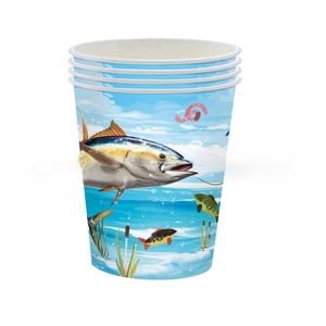 Detailed stack of disposable paper cups with vibrant blue ocean theme illustrations