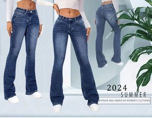 Retro washed dark blue flare jeans for women featuring classic five-pocket design