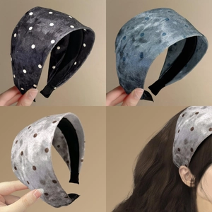 Serre-tête large en velours à pois pour femmes, style rétro avec bande antidérapante