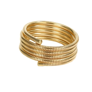 Minimalist multi-layer gold spiral bracelet featuring a spring-wrap snake bone design