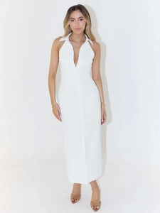 Close-up of a white midi dress with a button-down collar and sleeveless design