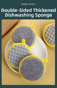 Detail of thickened double-sided dish sponge with gray wire and fiber texture surfaces