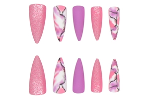 Detail of purple stiletto press-on nails with marble swirl and glitter accents