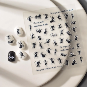 5D cute black ant nail art stickers with English letters on white ceramic plate